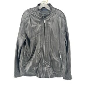 Zegna Sport Mens Black Leather Racer Moto Jacket Full Zip Pockets Size XL